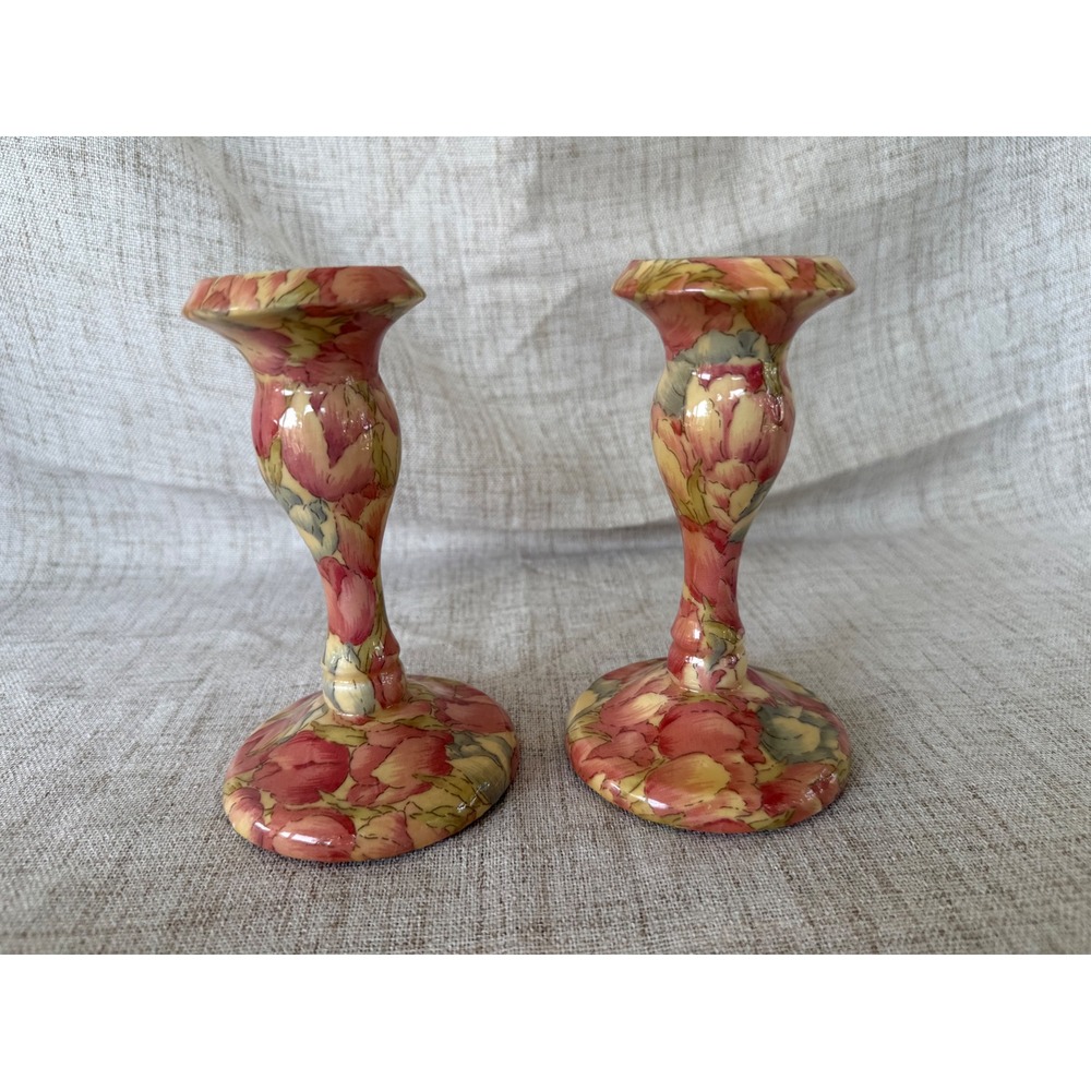 Cottagecore Candlestick Holders Home Decor 6" Pink Excellent Floral Set of 2